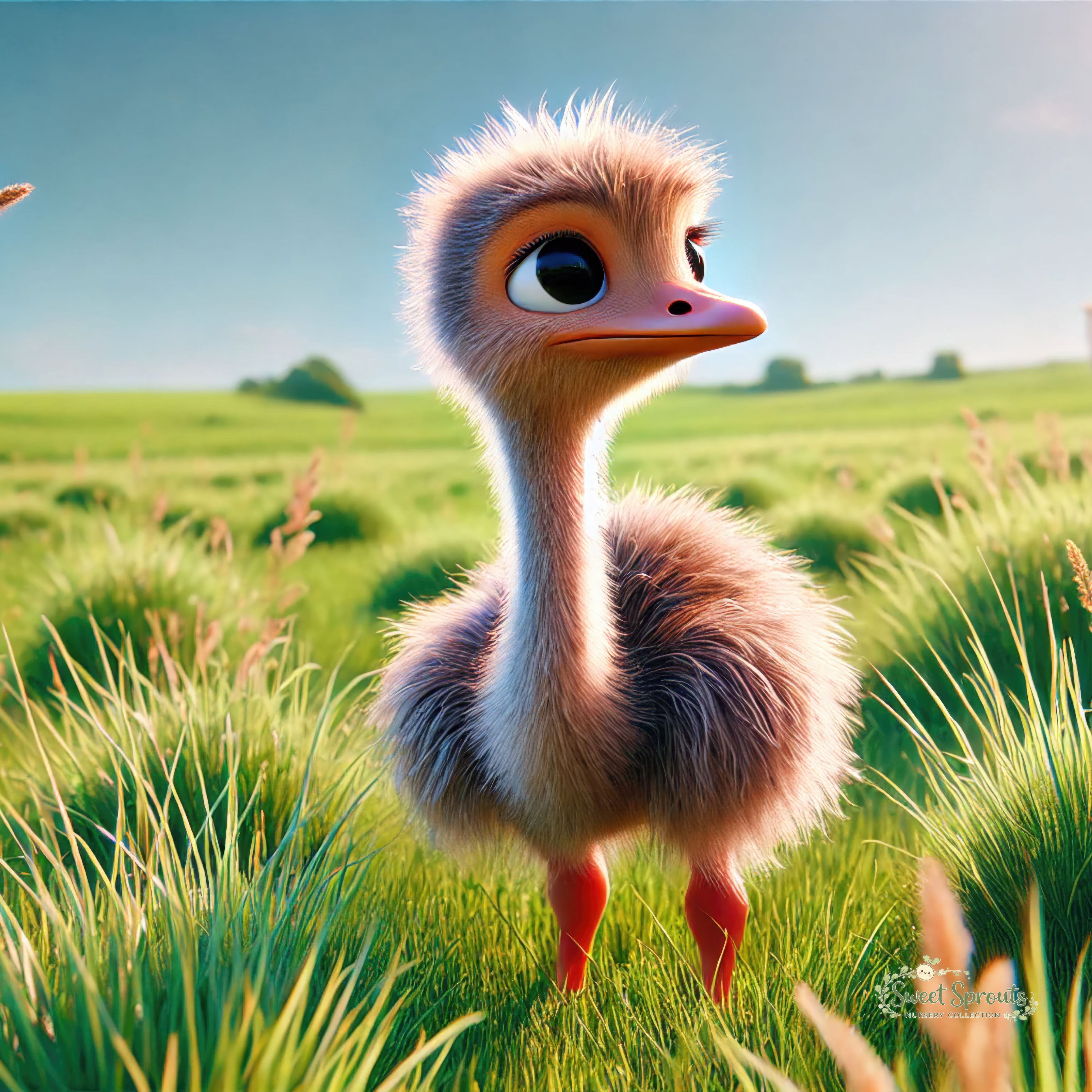 A fluffy, cartoon-like ostrich standing in a grassy field with a blue sky in the background.