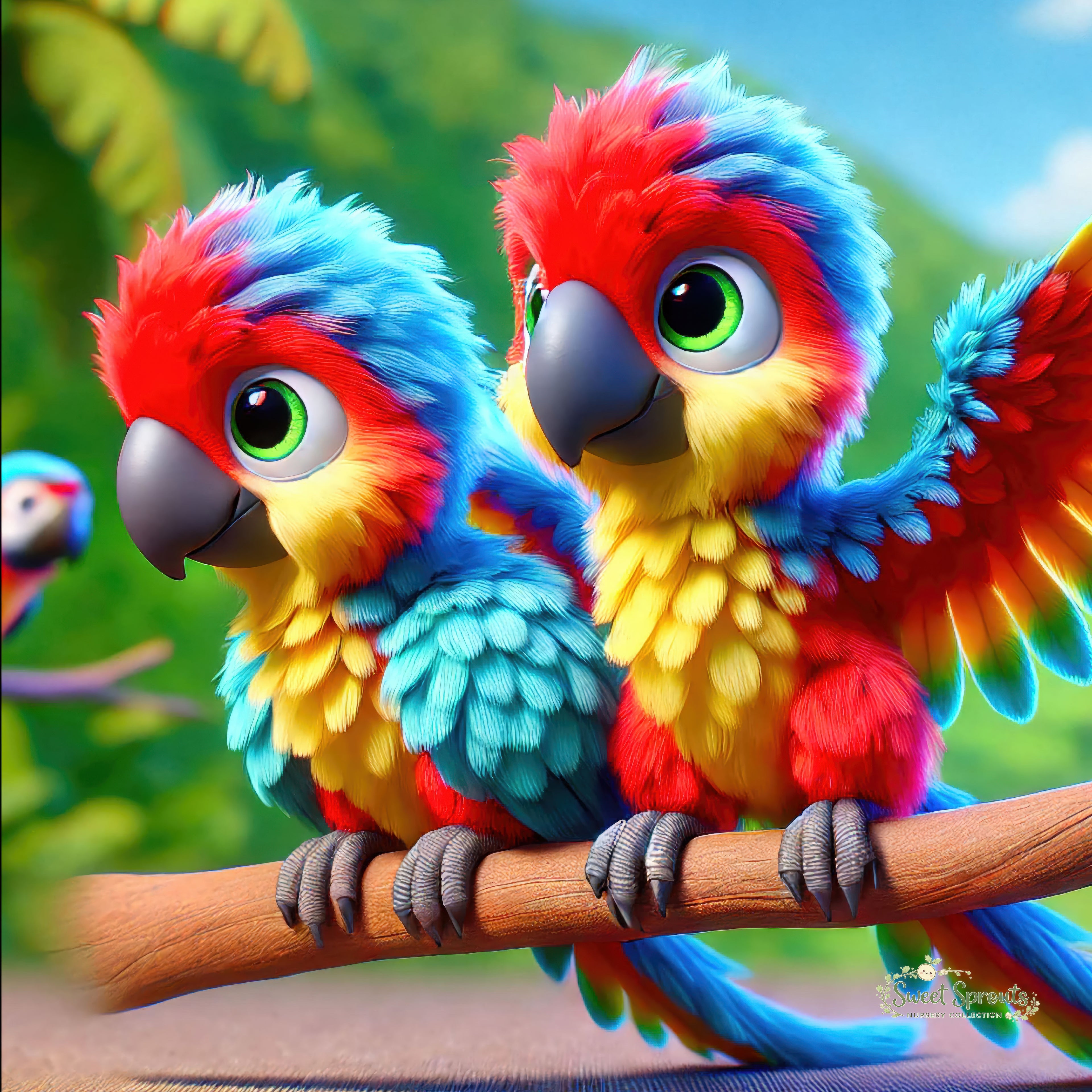 Two colorful parrots perched on a branch, with vibrant feathers in shades of red, blue, yellow, and green.