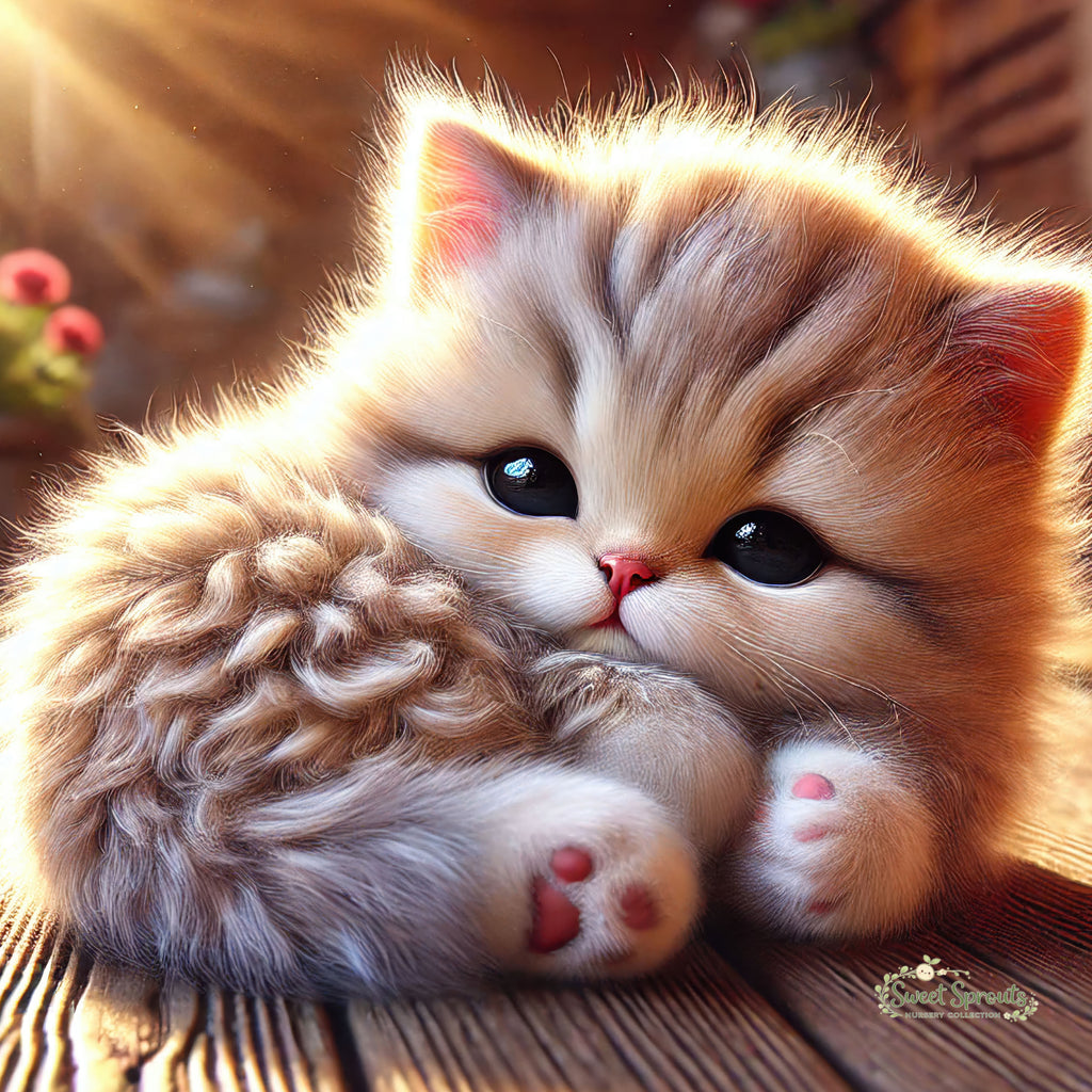 A fluffy, adorable kitten with large, expressive eyes is sitting on a wooden surface, looking directly at the camera.
