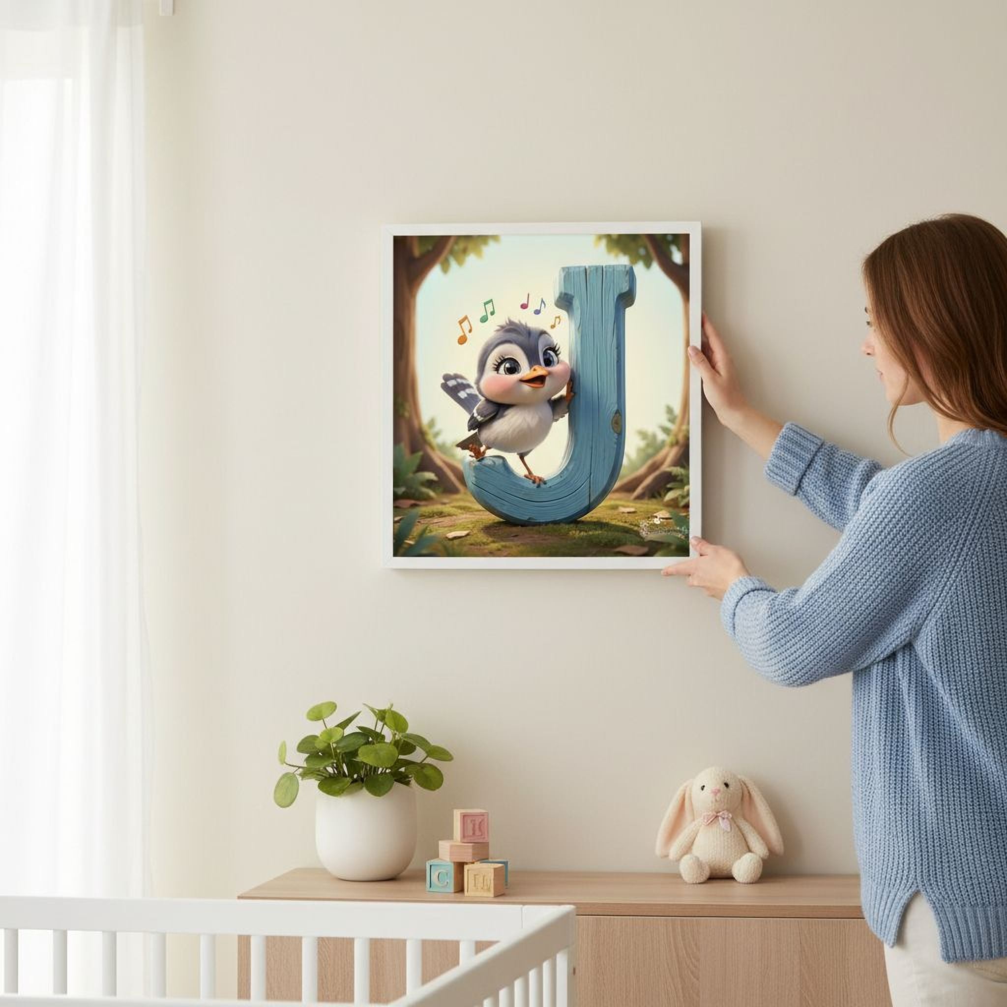 A woman is hanging a framed artwork featuring a cartoon bird on a wall in a nursery or child's room.