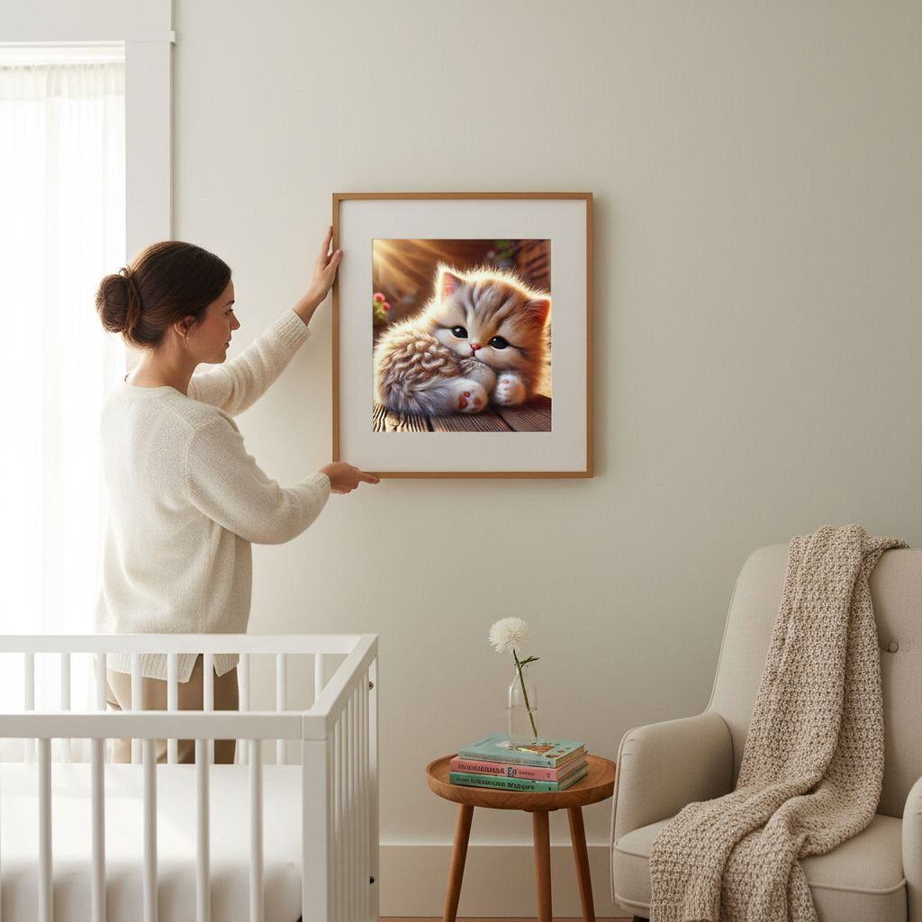 A woman hangs a framed picture of a kitten on a wall in a cozy living room.