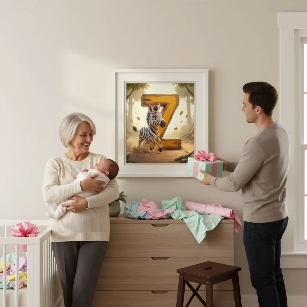 A man is hanging a framed artwork of a zebra on a wall in a room with a wooden dresser, a potted plant, and a stool.