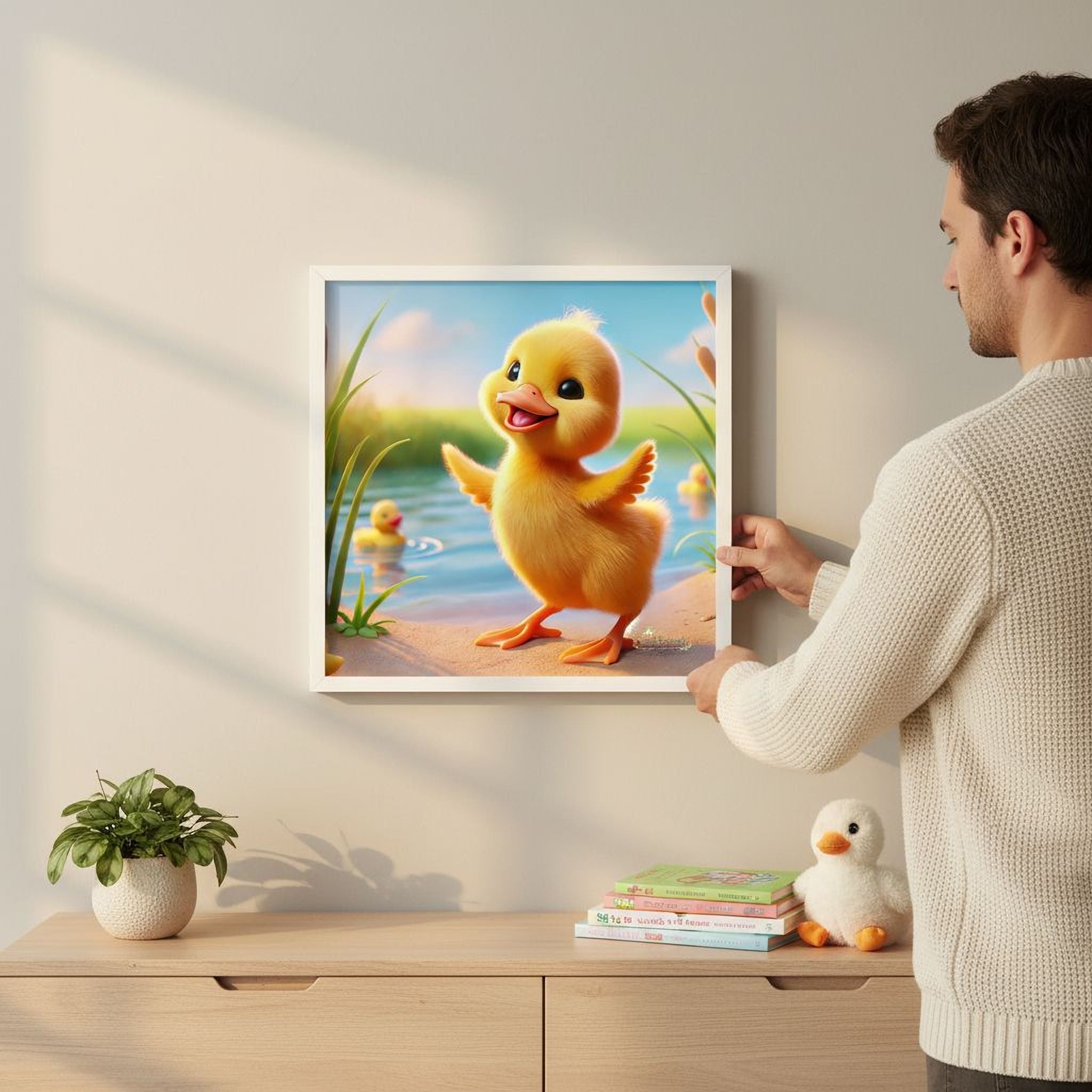 A framed illustration of a cartoon duck is hanging on a wall, with a person standing next to a wooden dresser with books and a stuffed animal.