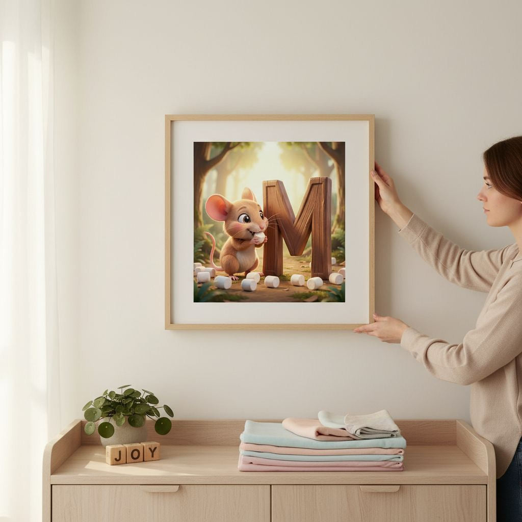 A framed illustration of a cartoon mouse is hanging on a wall, with a woman standing next to it.