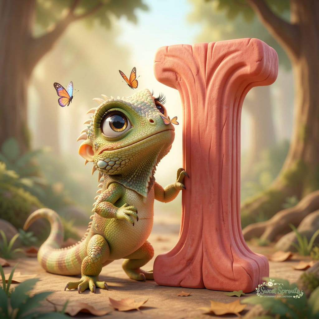 A green lizard with large eyes and long eyelashes is standing next to a large pink letter 'I' in a forest setting, with butterflies fluttering around it.