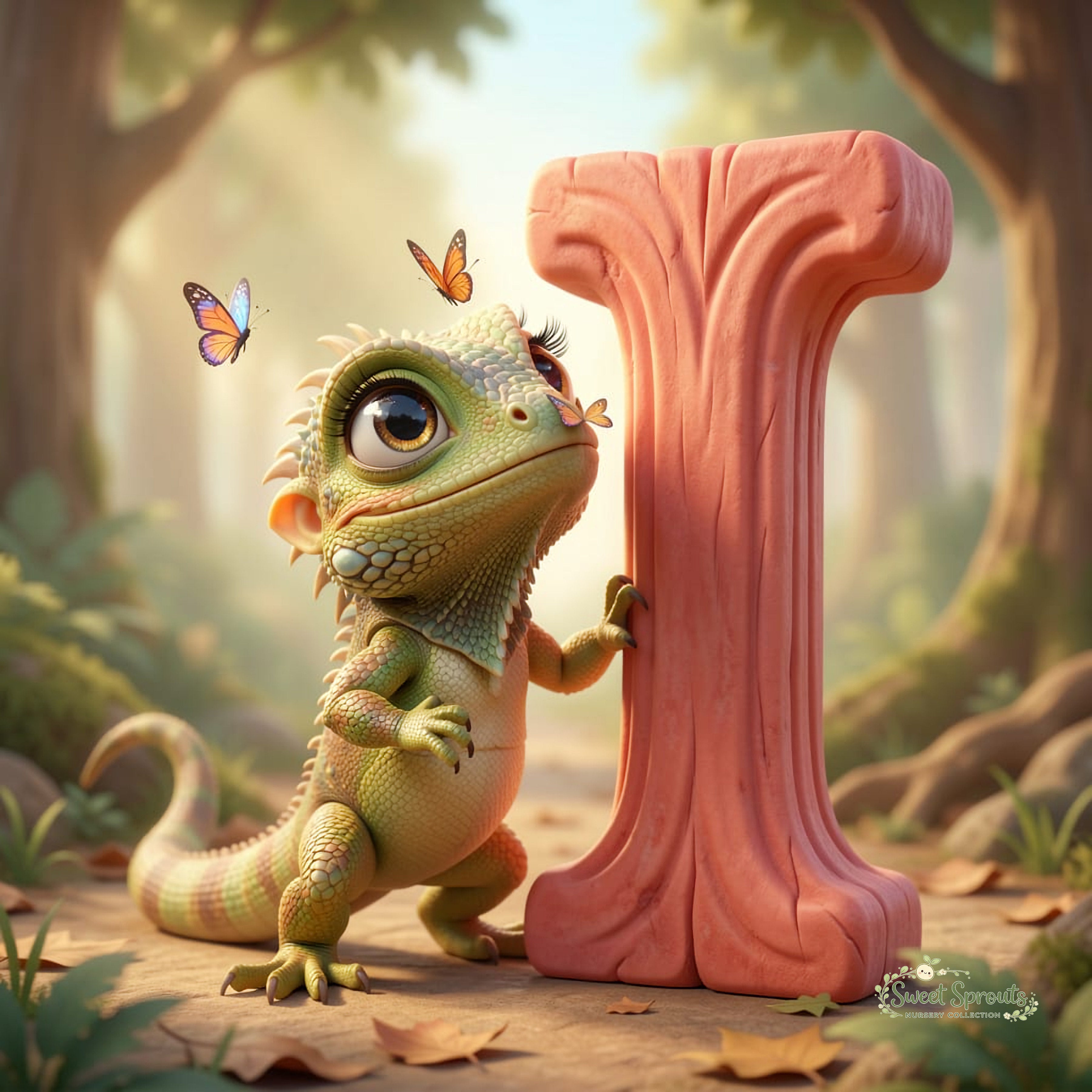 A green lizard with large eyes and long eyelashes is standing next to a large pink letter 'I' in a forest setting, with butterflies fluttering around it.