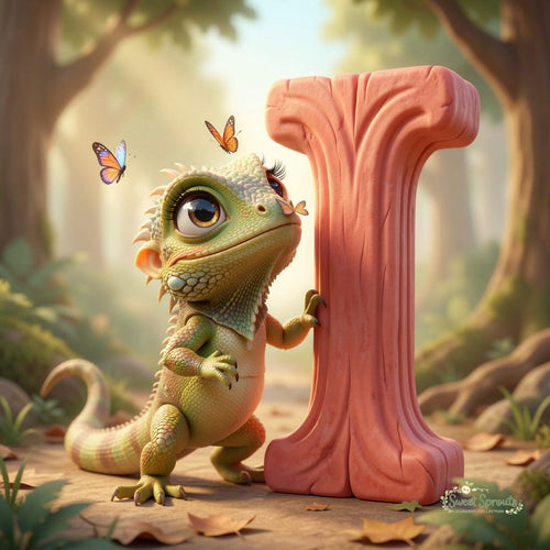 A green lizard with large eyes and long eyelashes is standing next to a large pink letter 'I' in a forest setting, with butterflies fluttering around it.