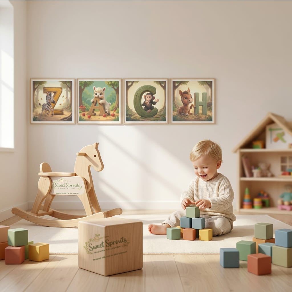 A young child is sitting on the floor and playing with blocks in a room with a rocking horse and framed animal illustrations on the wall.