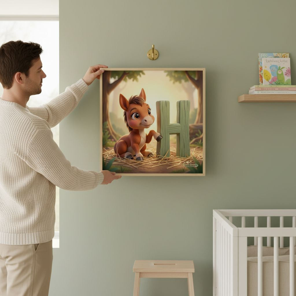 A man is holding up a framed artwork featuring a cartoon horse in a forest setting.