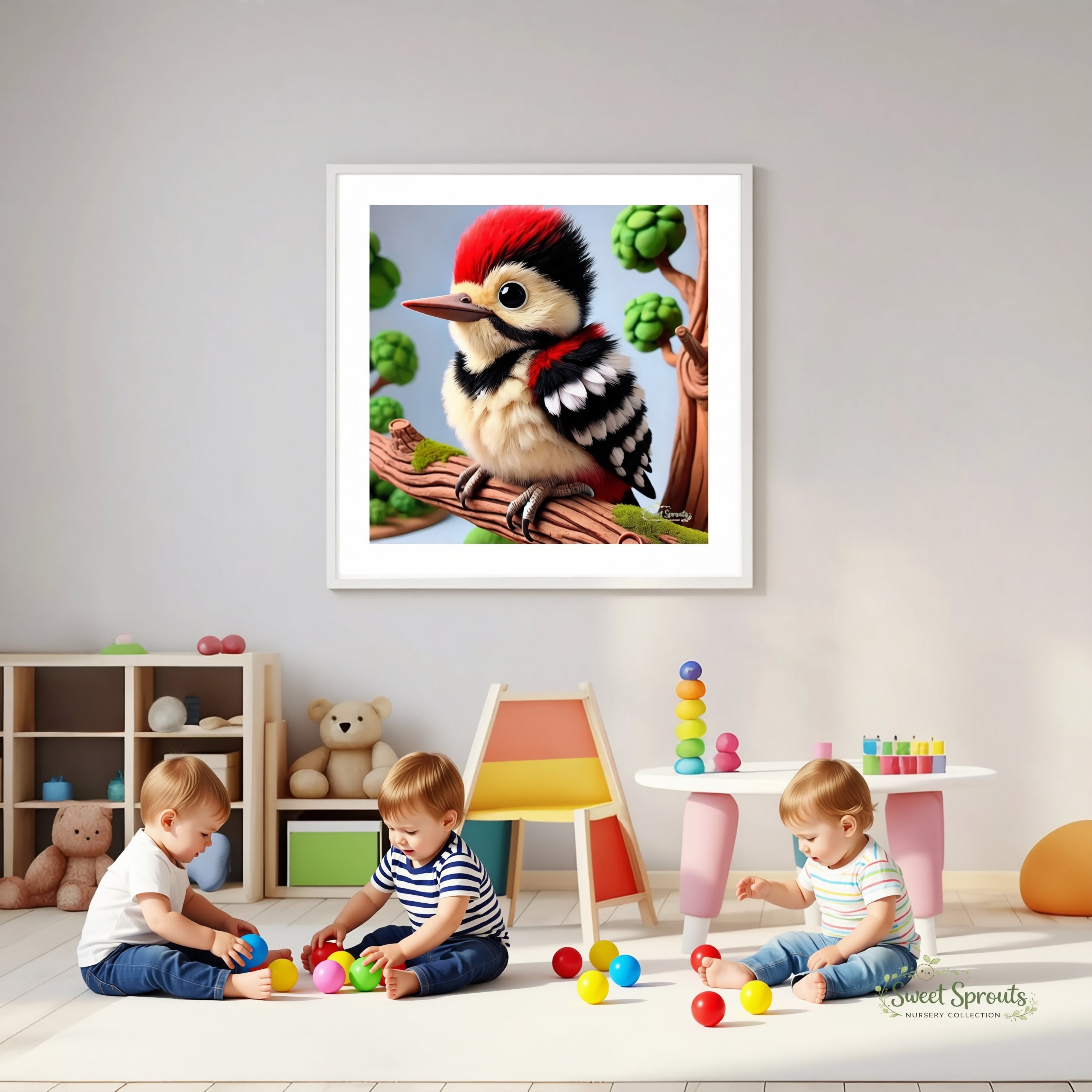 A framed painting of a woodpecker is displayed on the wall in a child's playroom, with three young children playing with colorful balls nearby.