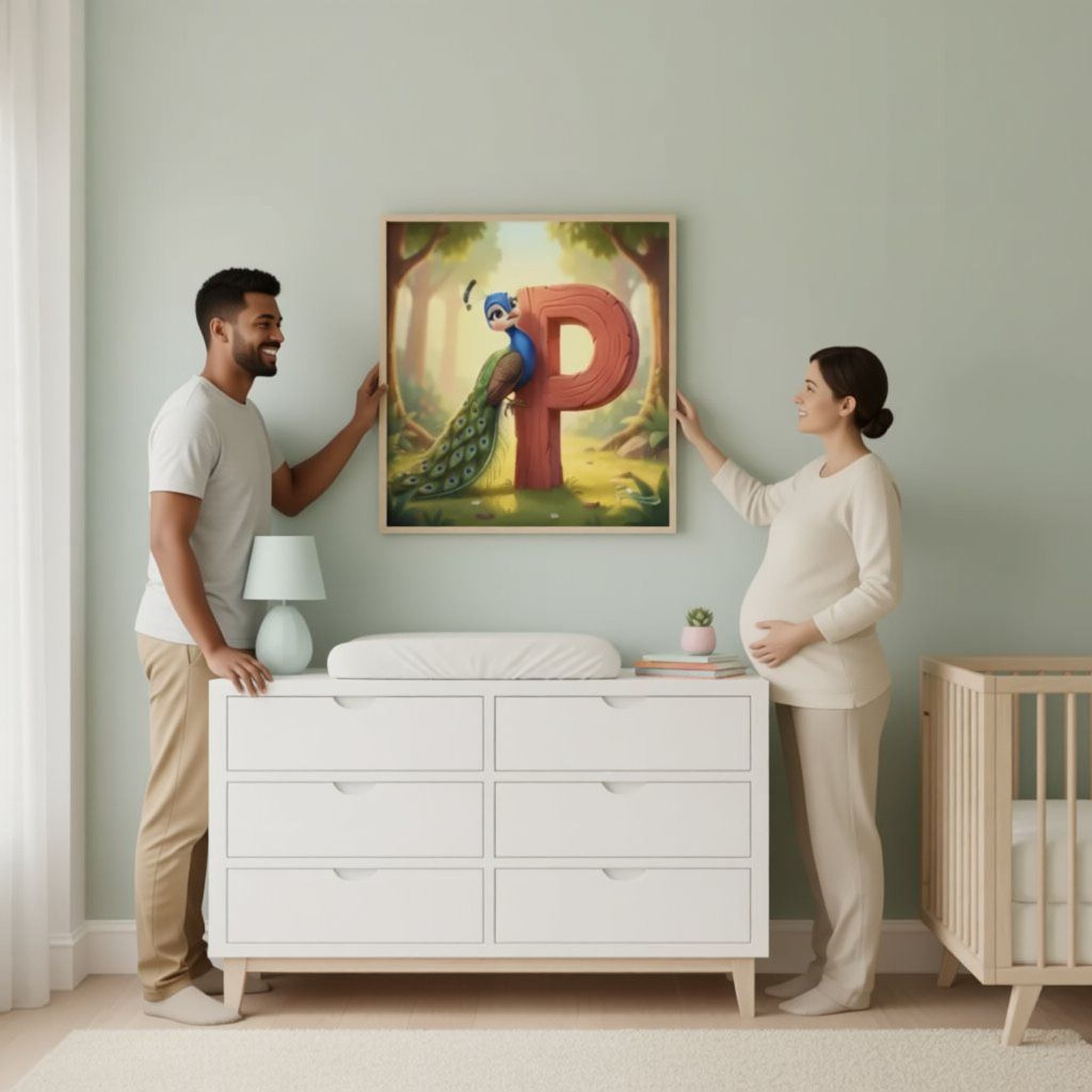 A man and a woman stand in a nursery, looking at a framed painting of a peacock on the wall.