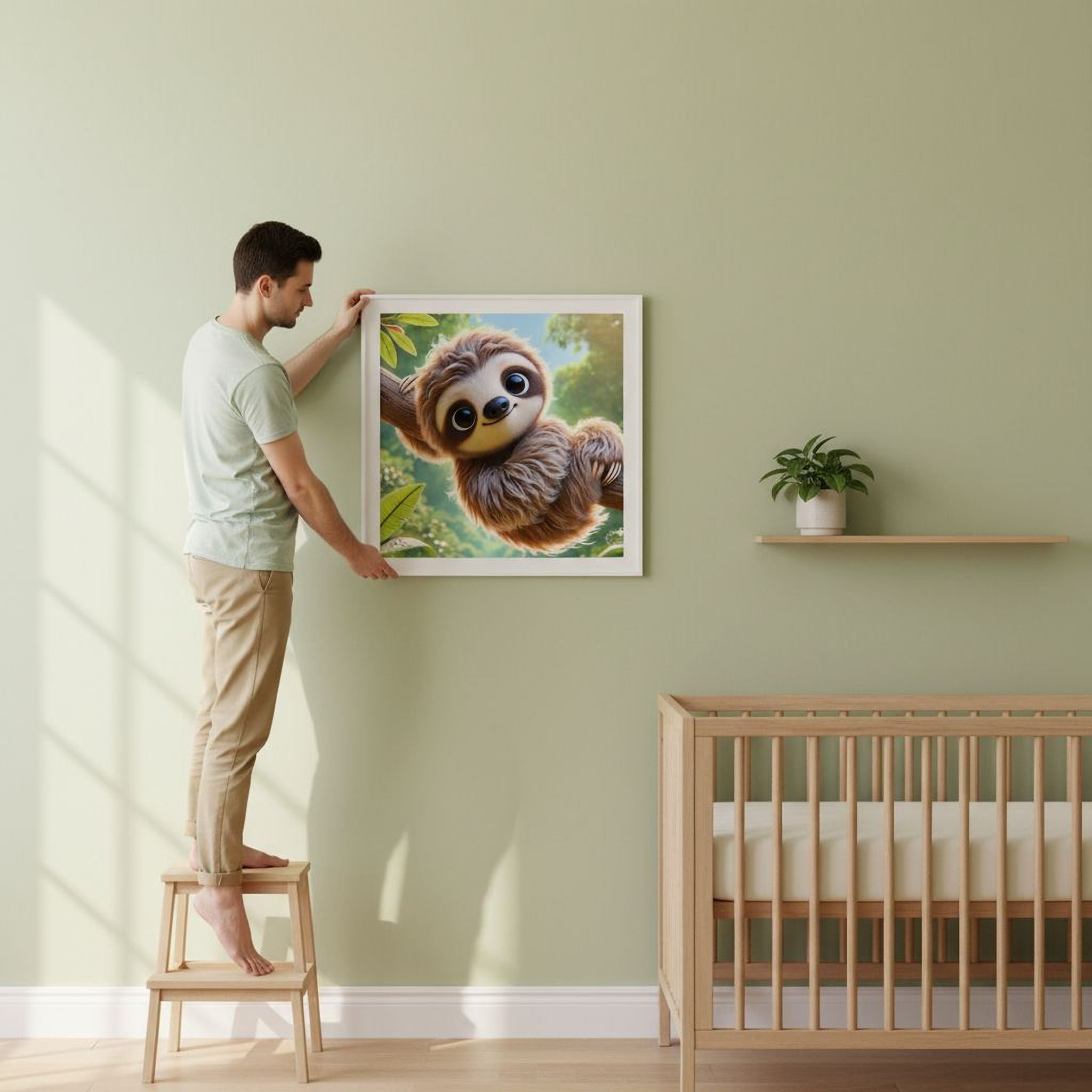 A man is standing on a stool and hanging a framed picture of a sloth on a wall in a nursery room.