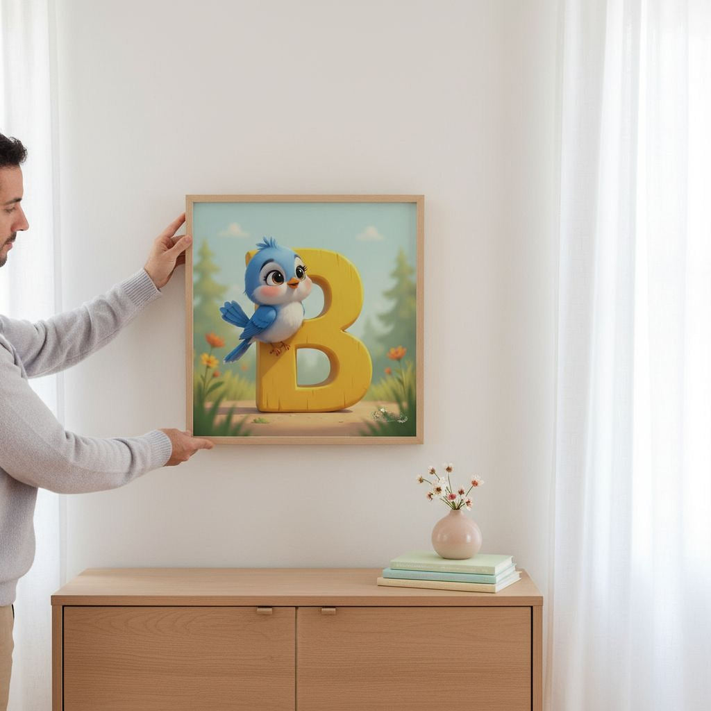 A person is holding up a framed picture of a cartoon bird on a wall, which features a large yellow letter 'B' in the background.