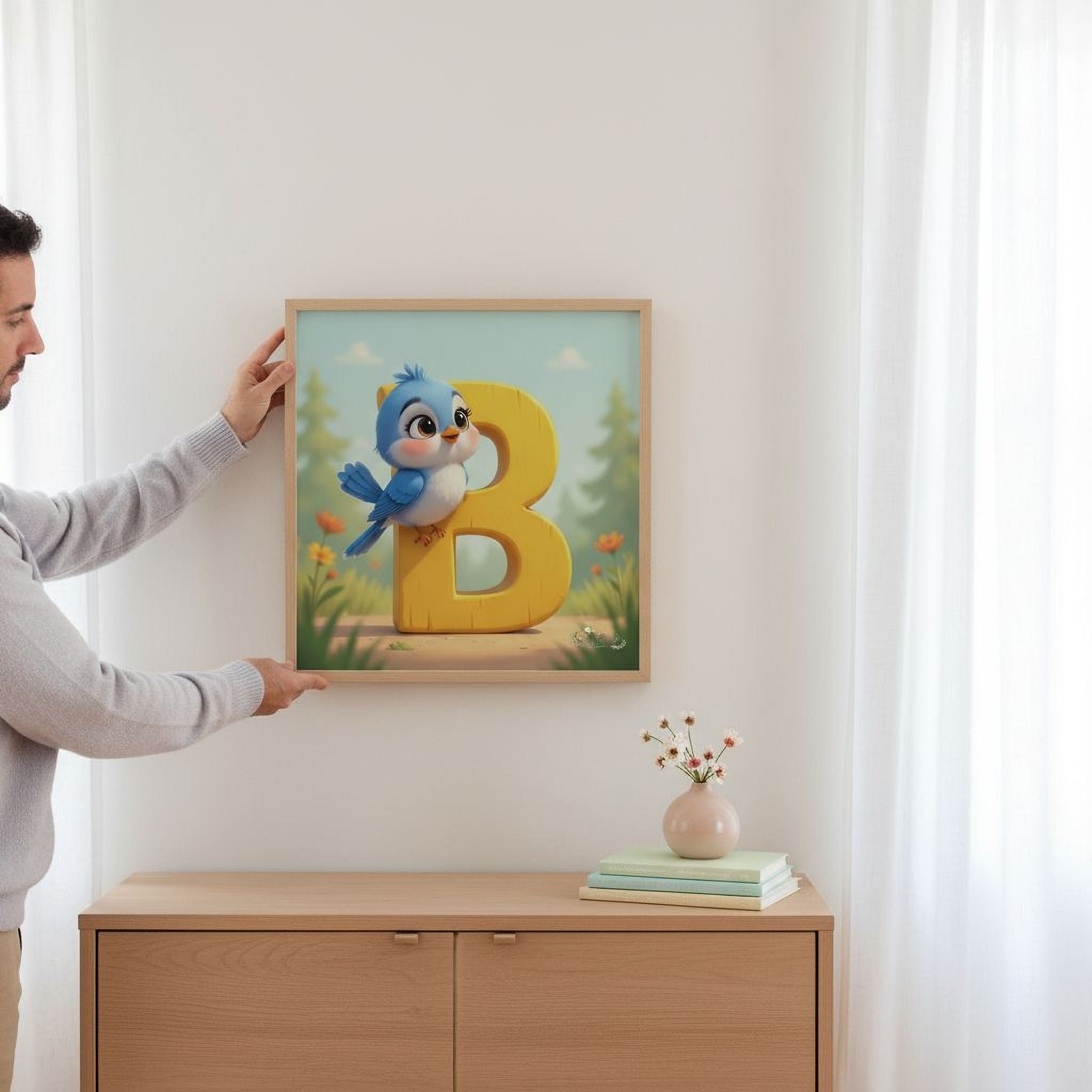 A person is holding up a framed picture of a cartoon bird on a wall, which features a large yellow letter 'B' in the background.