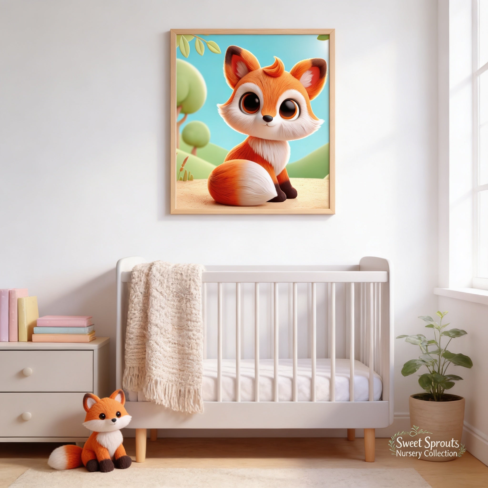 a nursery with a white crib, a framed illustration of a cartoon fox, and a stuffed animal fox sitting on the floor.
