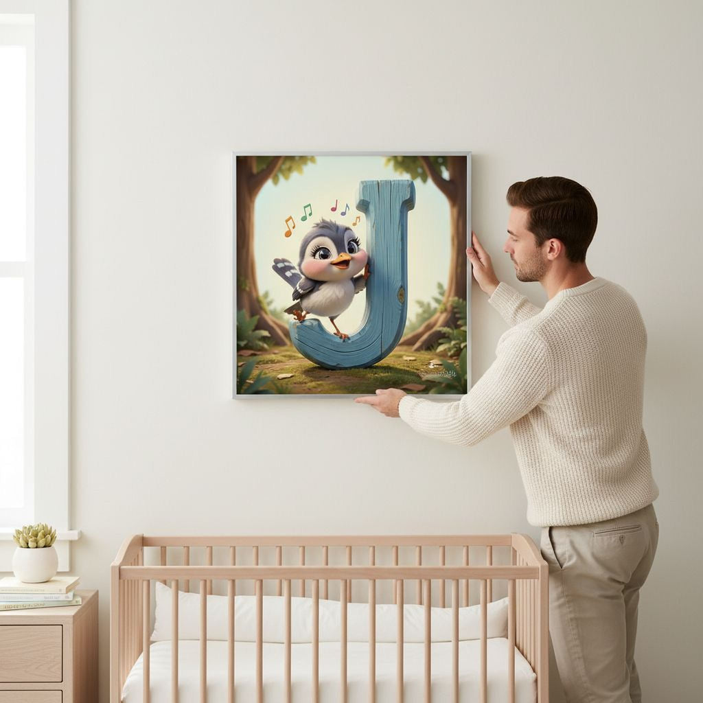 A man is hanging a framed artwork featuring a cartoon bird on a wall in a nursery.