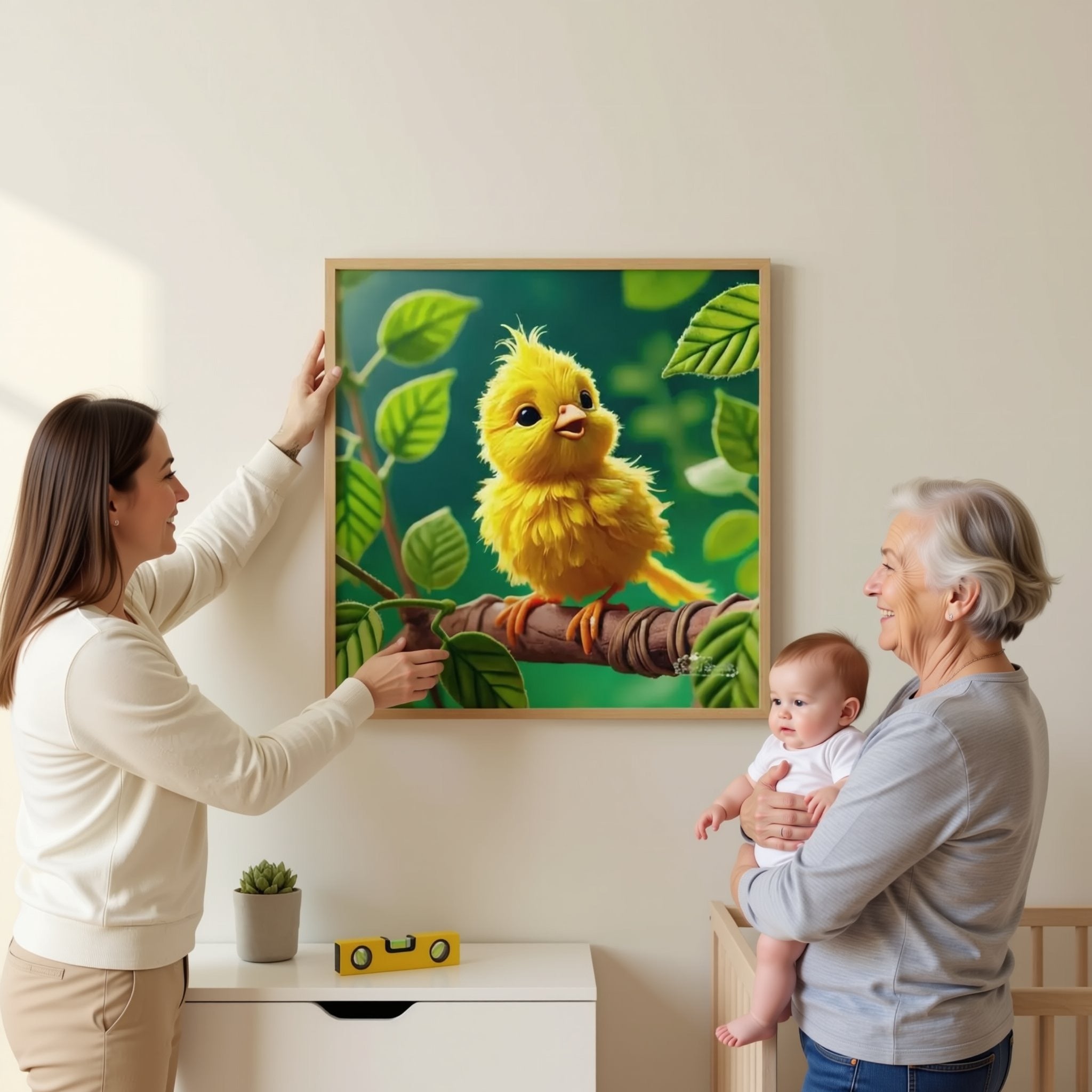 A person is holding up a framed painting of a yellow bird perched on a branch with green leaves.