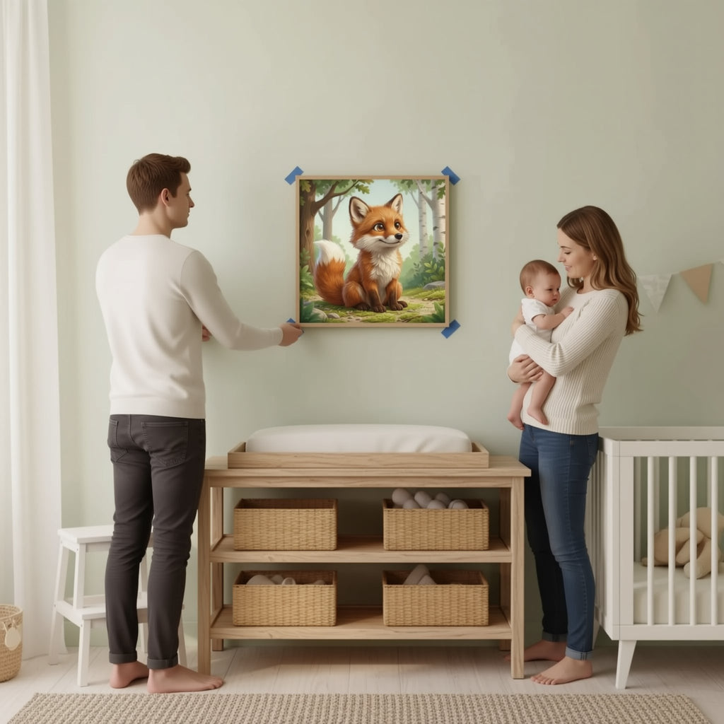 A man is hanging a framed painting of a fox on a wall in a nursery.