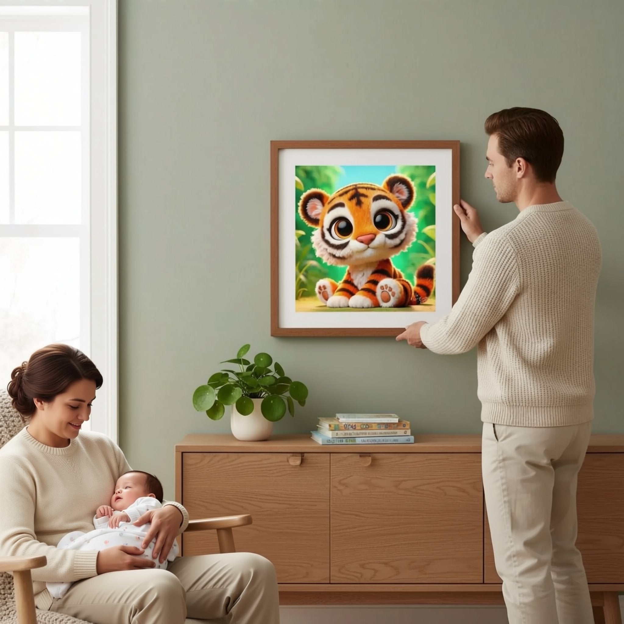 A man is hanging a framed picture of a cartoon tiger on a wall in a living room.