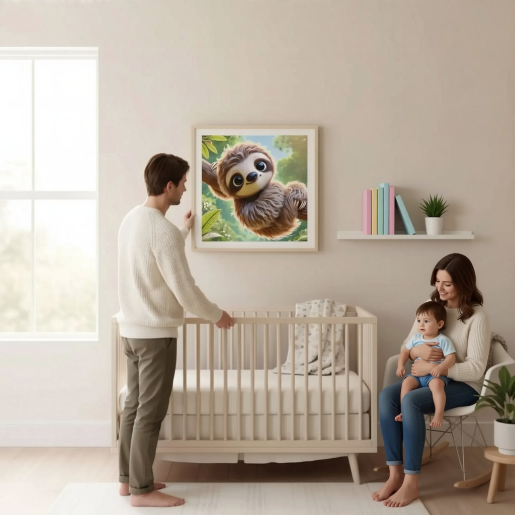 A man stands in a nursery, looking at a framed image of a sloth hanging on the wall.