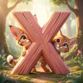 A cartoon image of two cats peeking out from behind a large wooden letter 'X' in a forest setting.