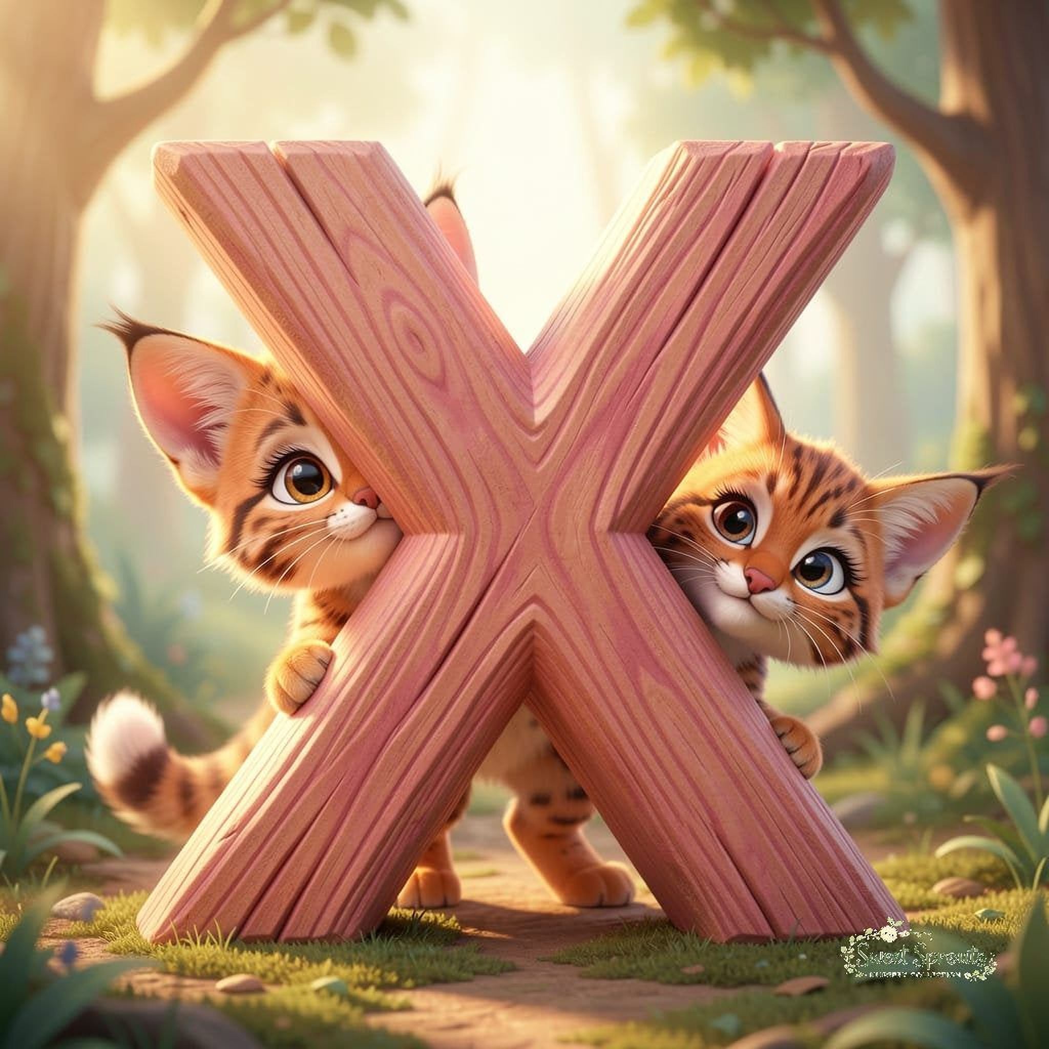 A cartoon image of two cats peeking out from behind a large wooden letter 'X' in a forest setting.