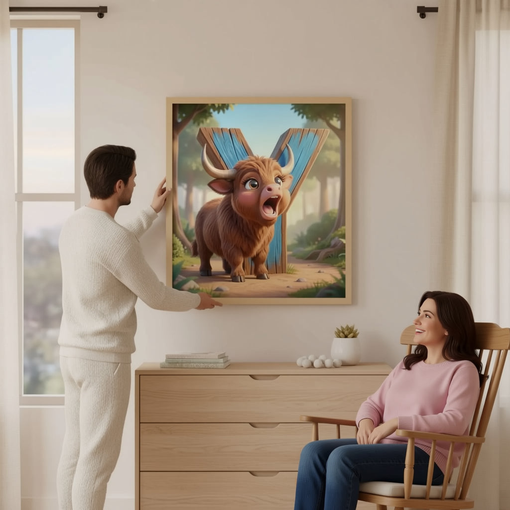 A man is hanging a framed artwork of a cartoon character, specifically a bull with horns, on a wall in a room.