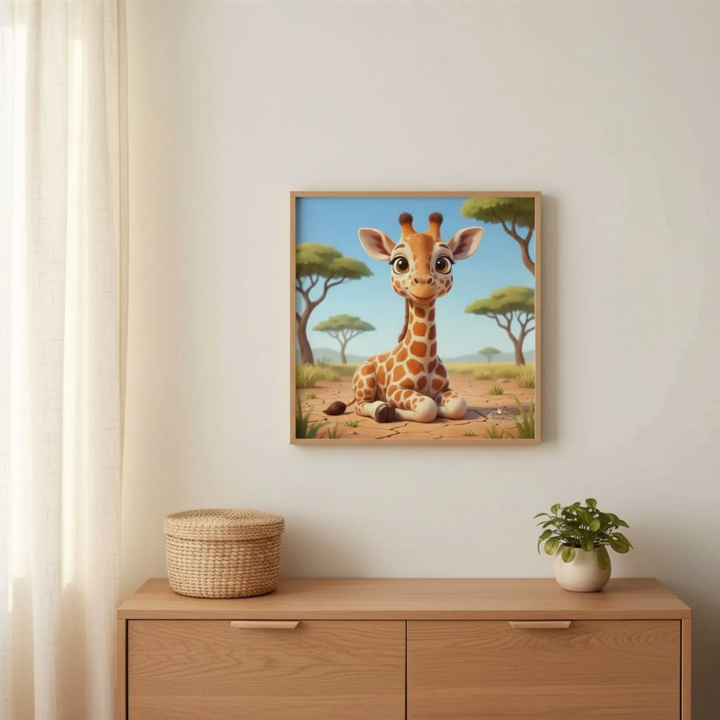 A person is hanging a framed painting of a giraffe on a wall in a room with a wooden dresser below it.