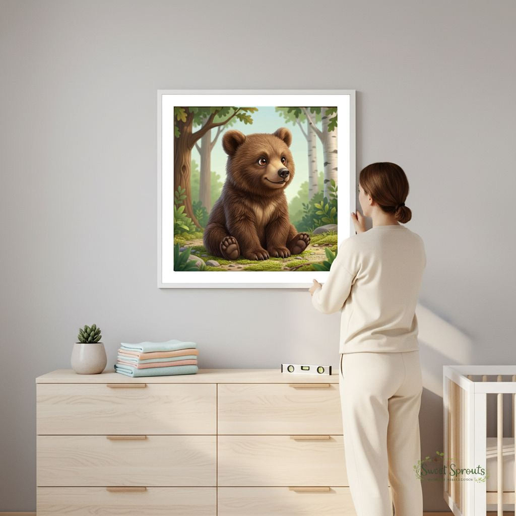 A woman is standing in front of a framed painting of a brown bear, which is hanging on a wall in a room with a dresser and a baby crib.