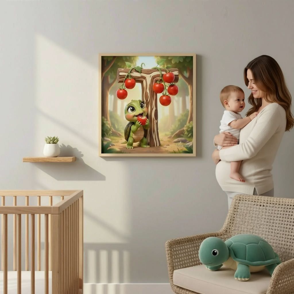 A person is hanging a framed artwork depicting a cartoon turtle holding a bunch of red tomatoes on a tree branch in a forest setting.