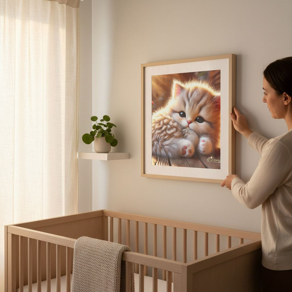 A woman is hanging a framed picture of a kitten on a wall in a nursery.