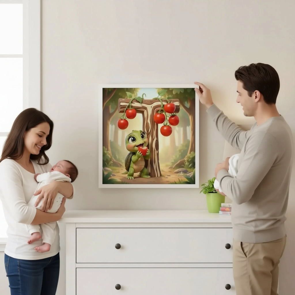 A man is holding up a framed painting of a cartoon turtle eating a red tomato, which is hanging on a wall above a white dresser.