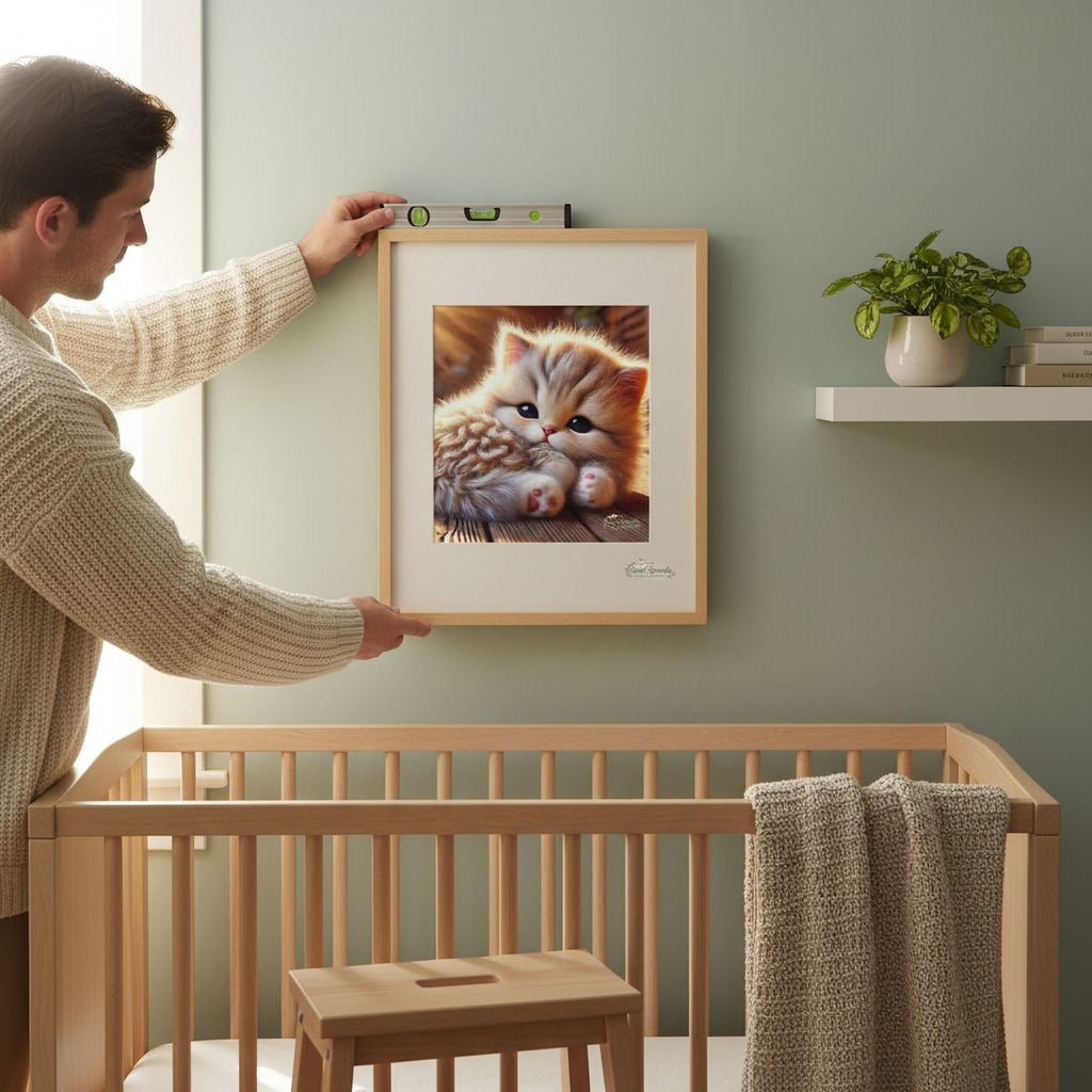 A person is hanging a framed picture of a kitten on a wall in a nursery.