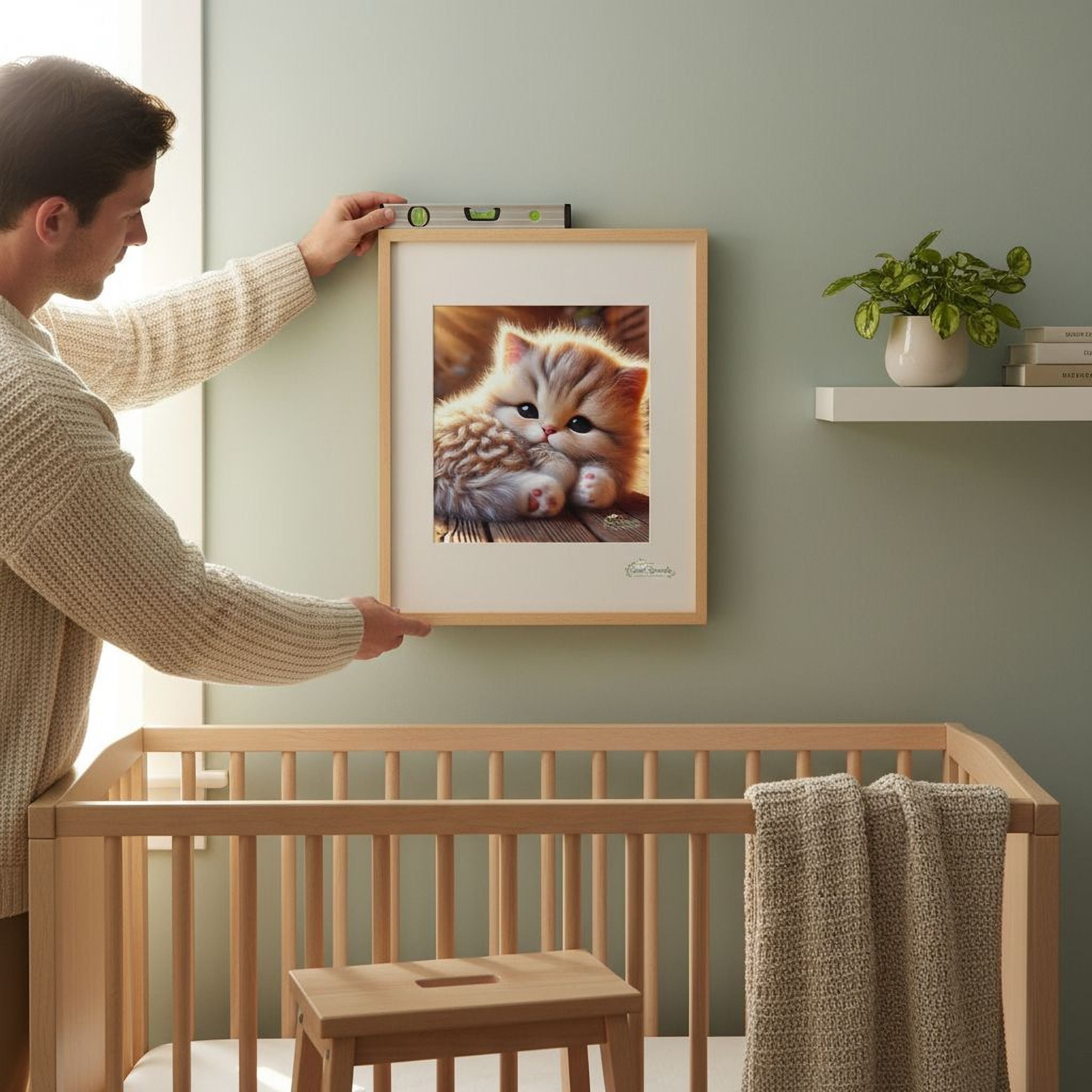 A person is hanging a framed picture of a kitten on a wall in a nursery.