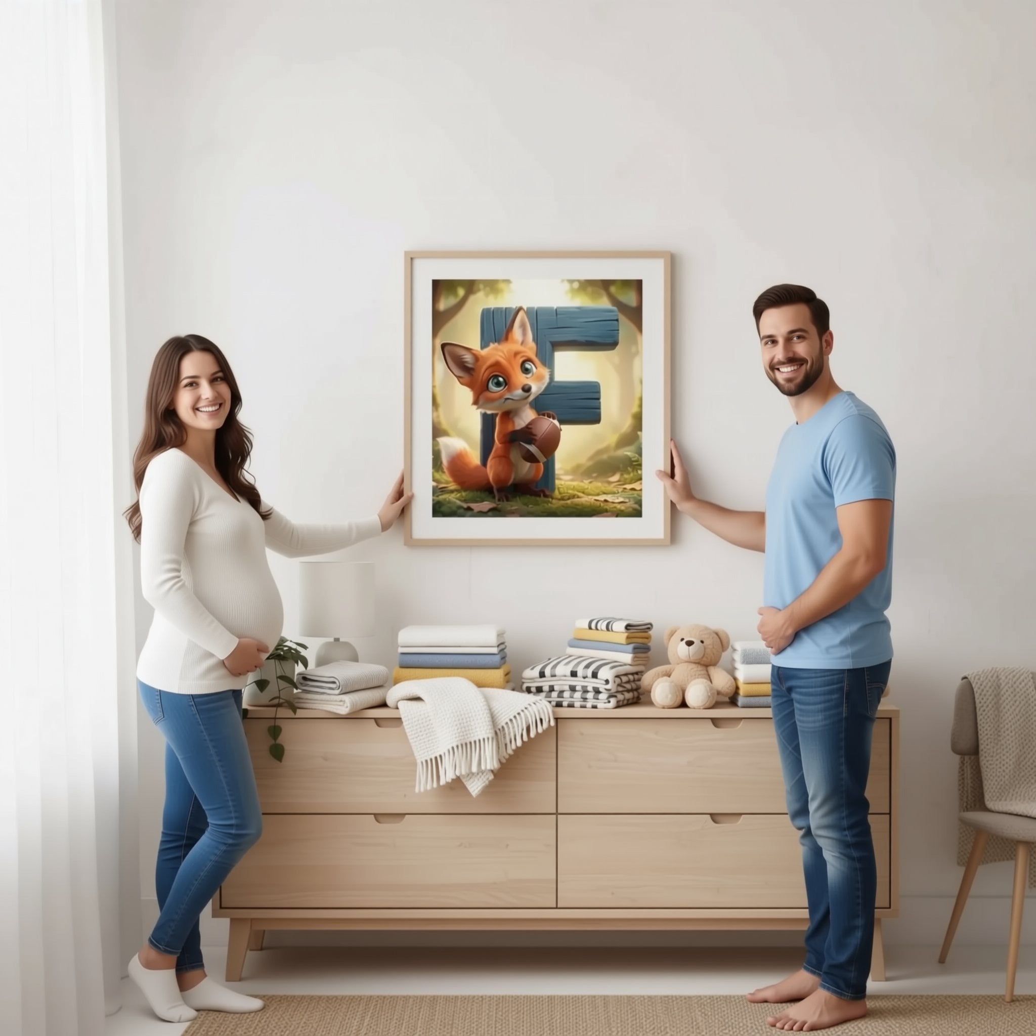 A man is hanging a framed artwork of a cartoon fox on a wall in a room with a wooden dresser and a plant.