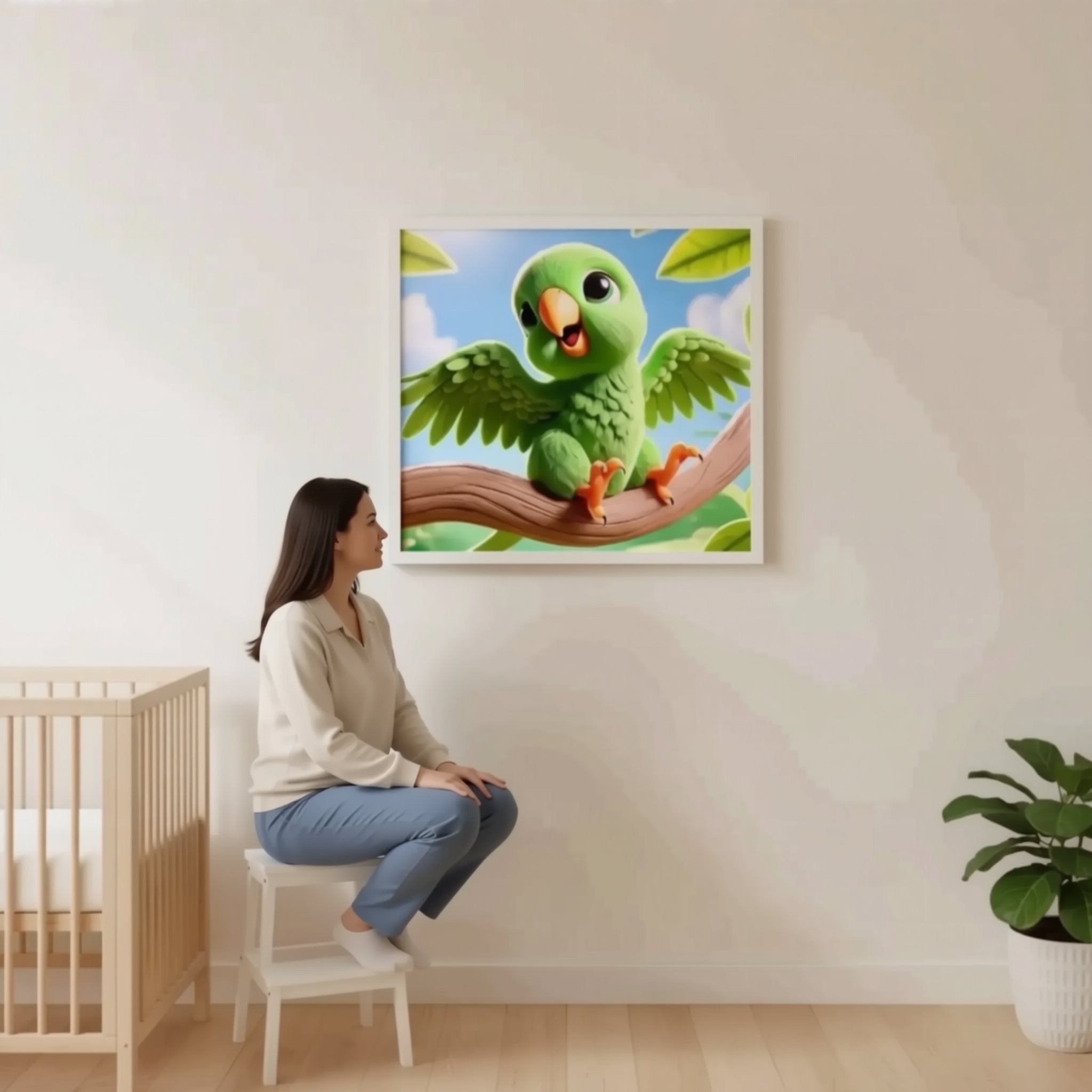 A man is hanging a framed picture of a green parrot on a wall in a room with a crib and a potted plant.