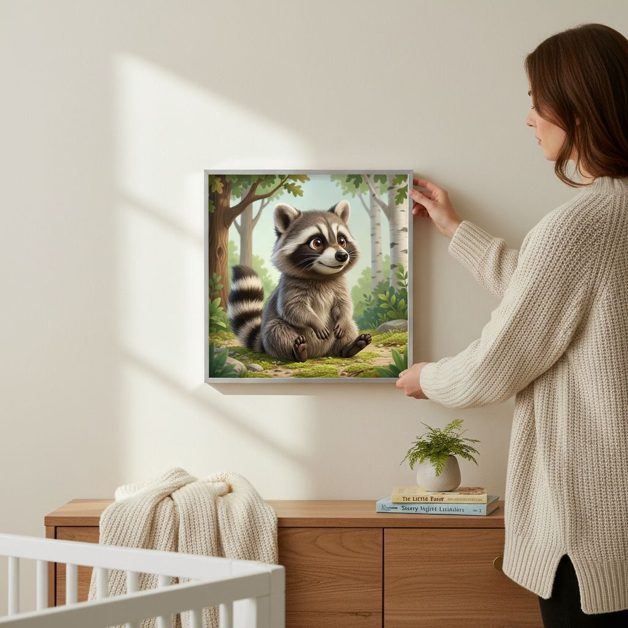 A woman is hanging a framed painting of a raccoon on a wall in a room with a crib and a plant.