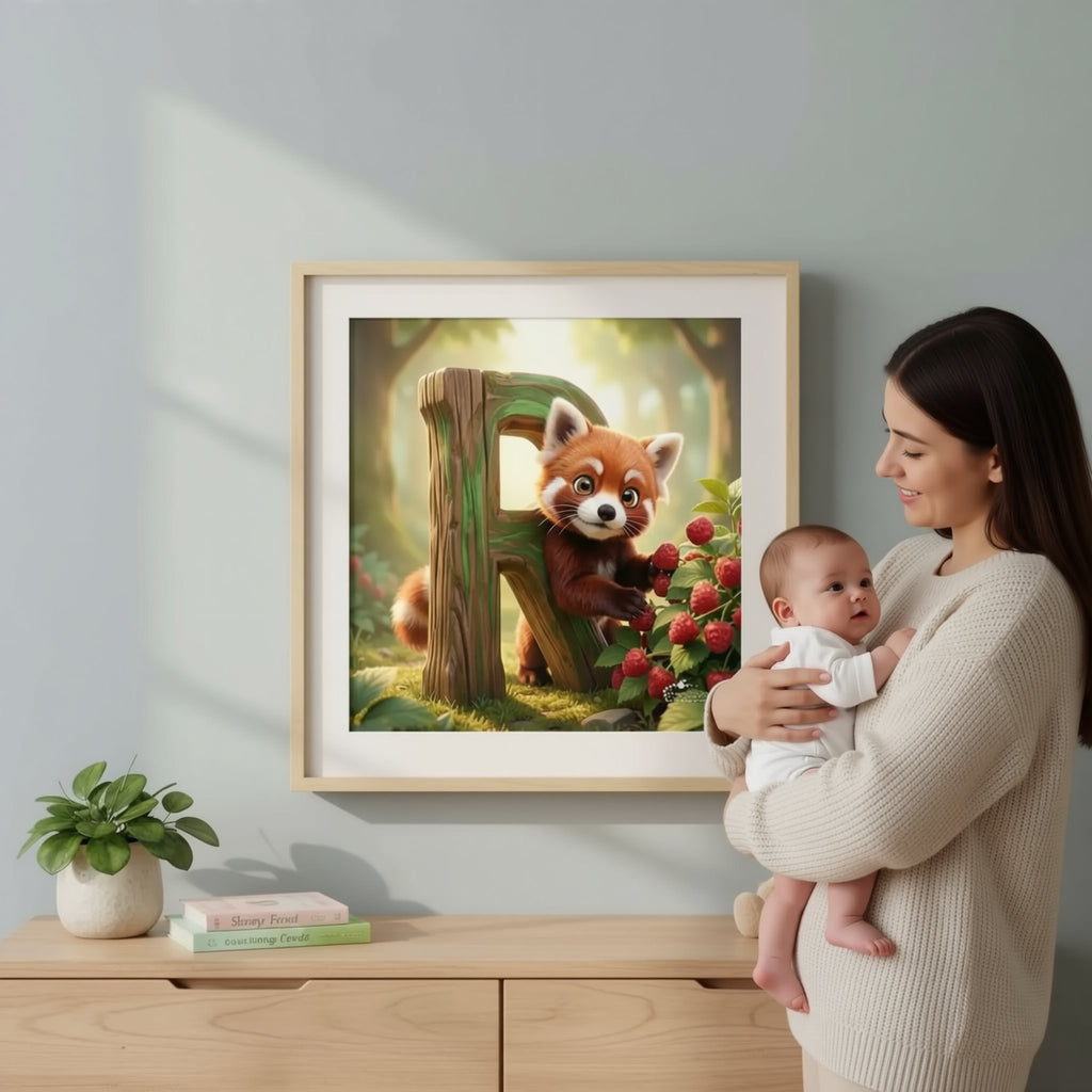 A framed painting of a red panda sitting on a tree stump, surrounded by flowers, is hanging on a wall.