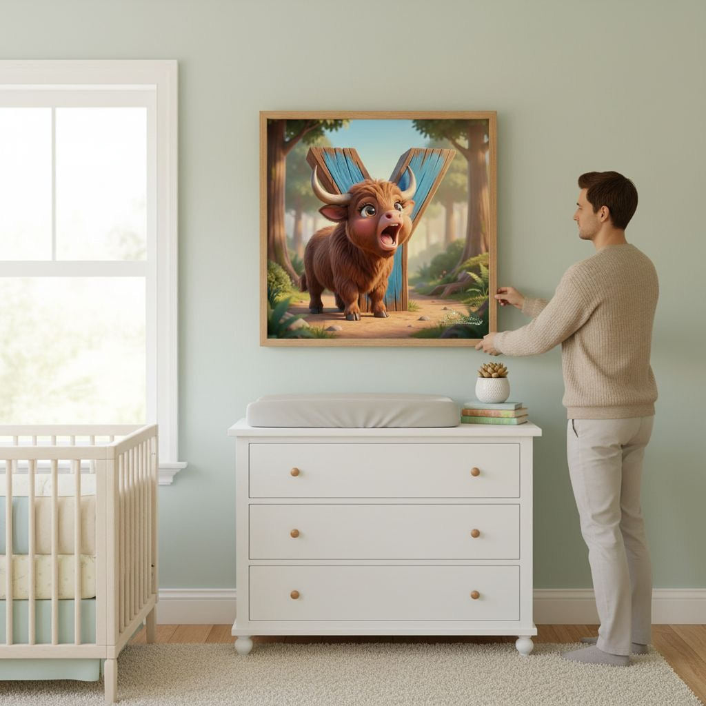 A man is standing in a nursery, looking at a framed painting of a cartoon bull on the wall.