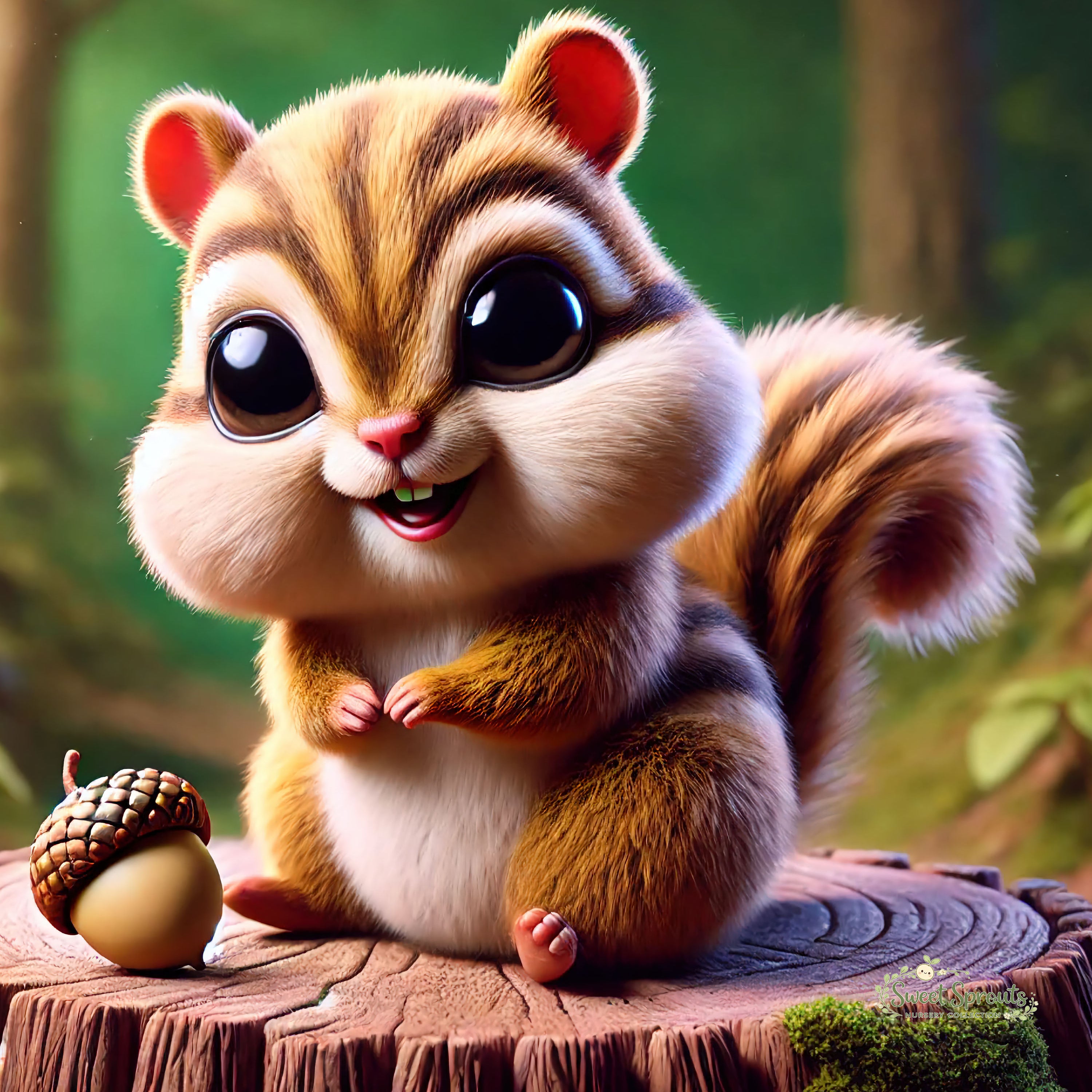 A cartoon squirrel sitting on a tree stump next to an acorn, with a smiling expression.