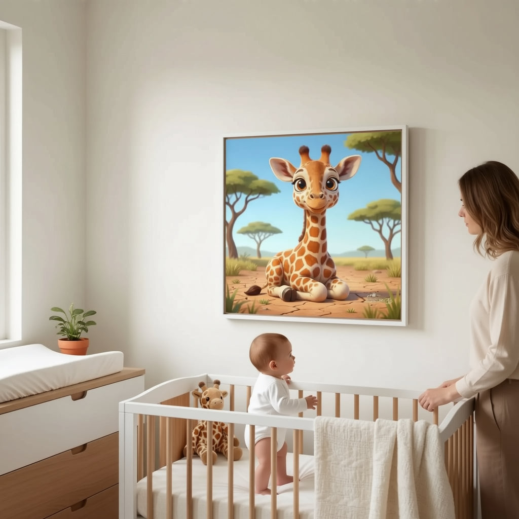 A woman is standing next to a baby crib in a nursery, with a framed painting of a giraffe hanging on the wall above the crib.