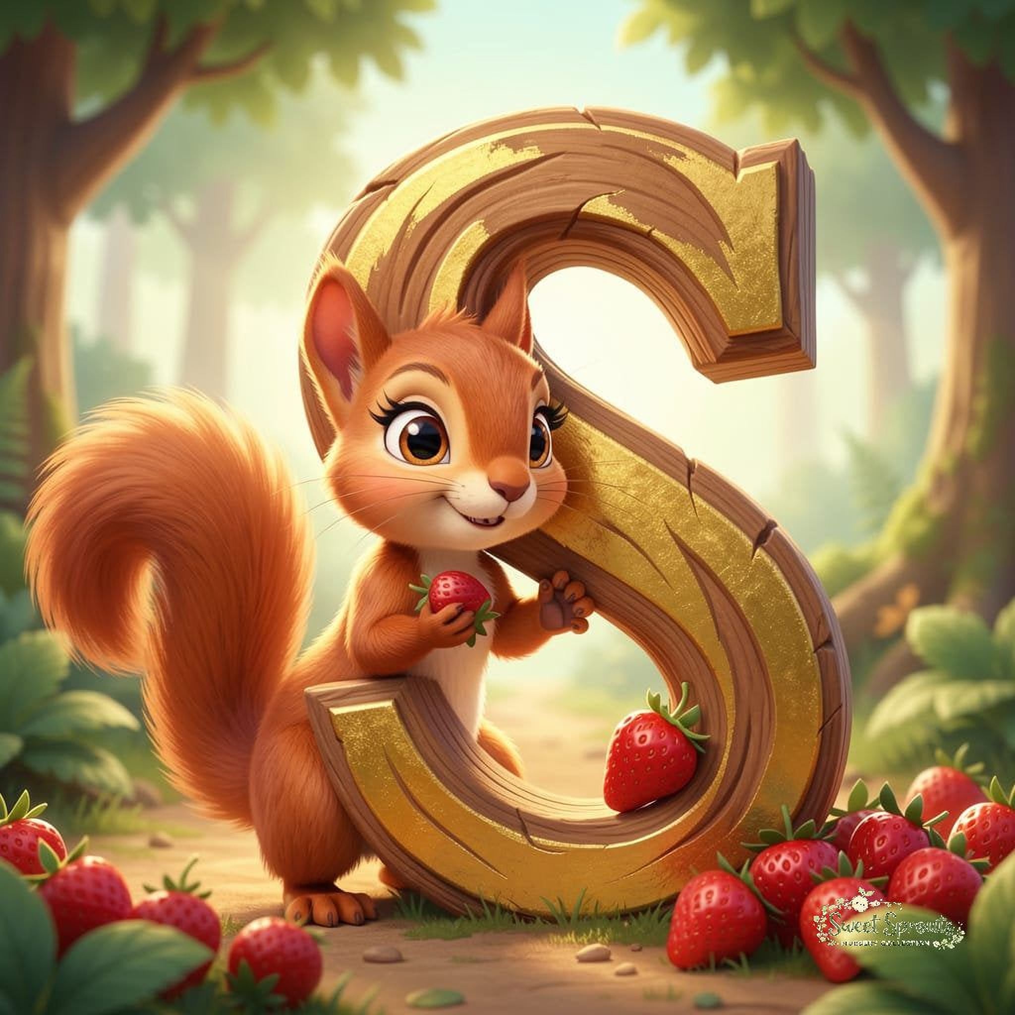 A cartoon squirrel holding a large wooden letter 'S' and surrounded by strawberries in a forest setting.