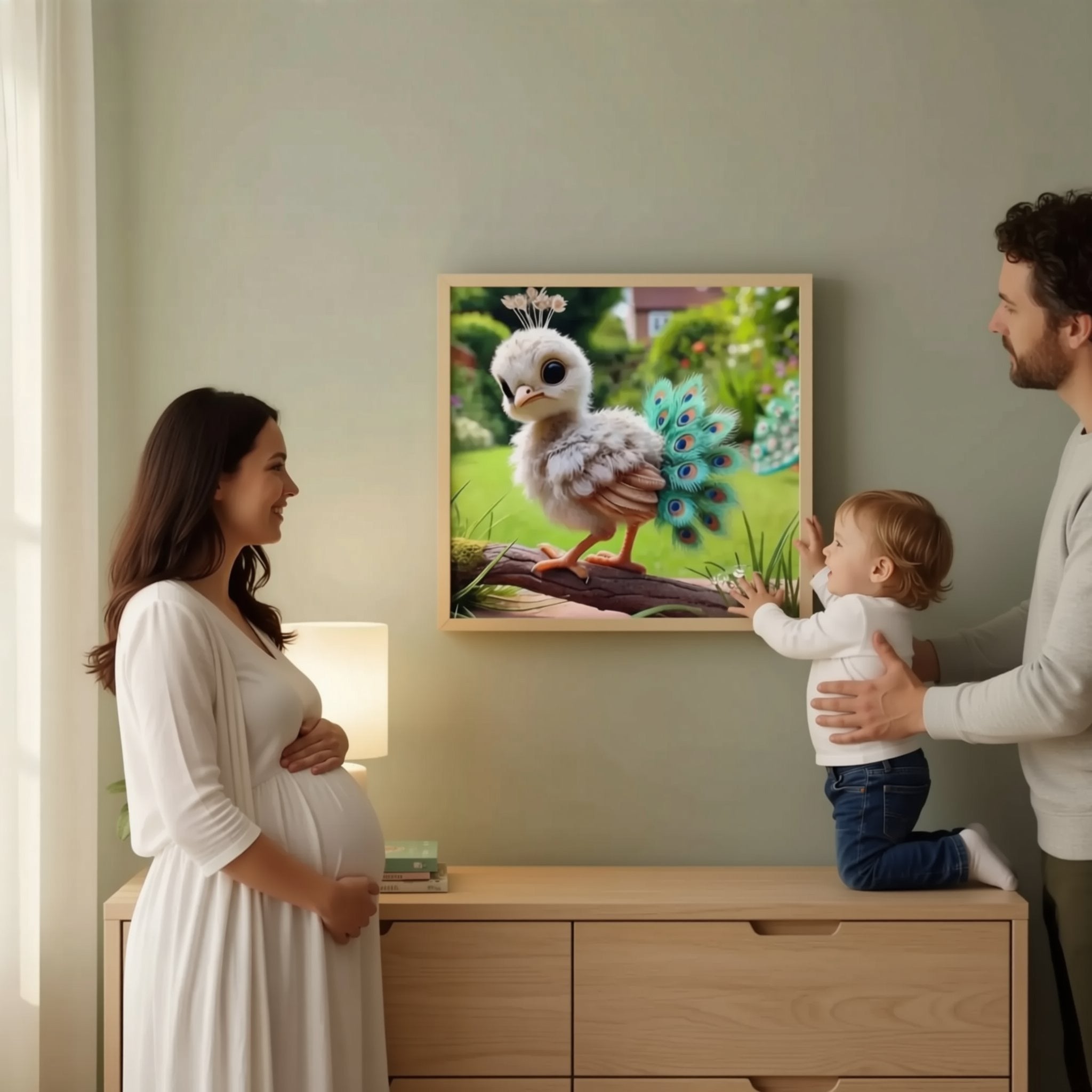 A pregnant woman, a young child, and a man are standing in a room, looking at a framed image of a bird on a branch.