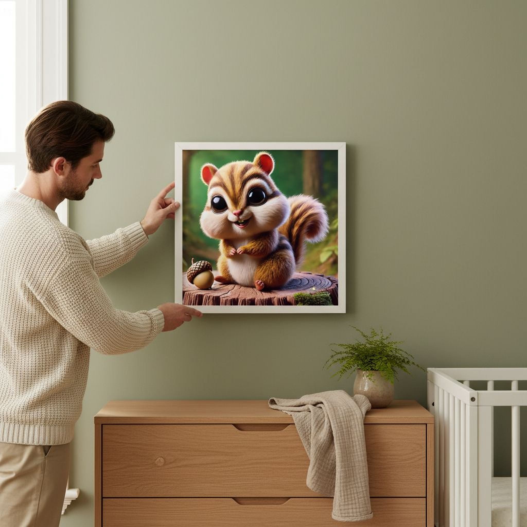A man is hanging a framed picture of a cartoon chipmunk on a wall in a room with a wooden dresser and a baby crib.