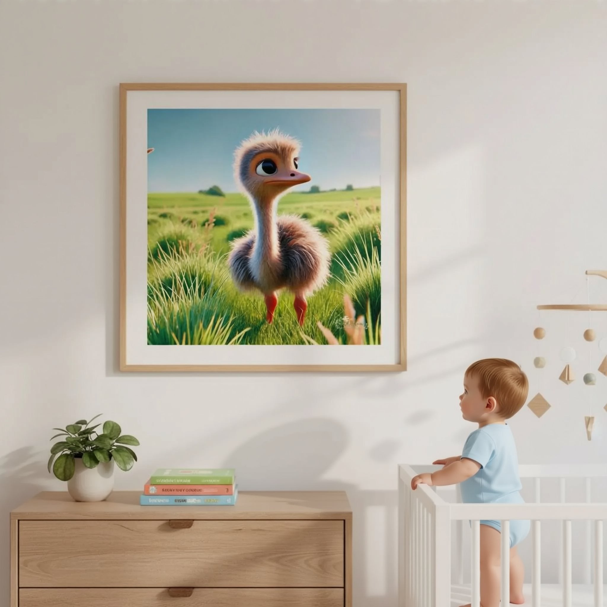 A framed image of an ostrich standing in a grassy field is hanging on a wall in a nursery.