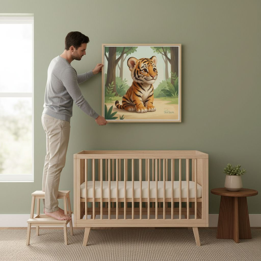 A man is standing on a step stool and hanging a framed painting of a tiger on a green wall in a nursery.
