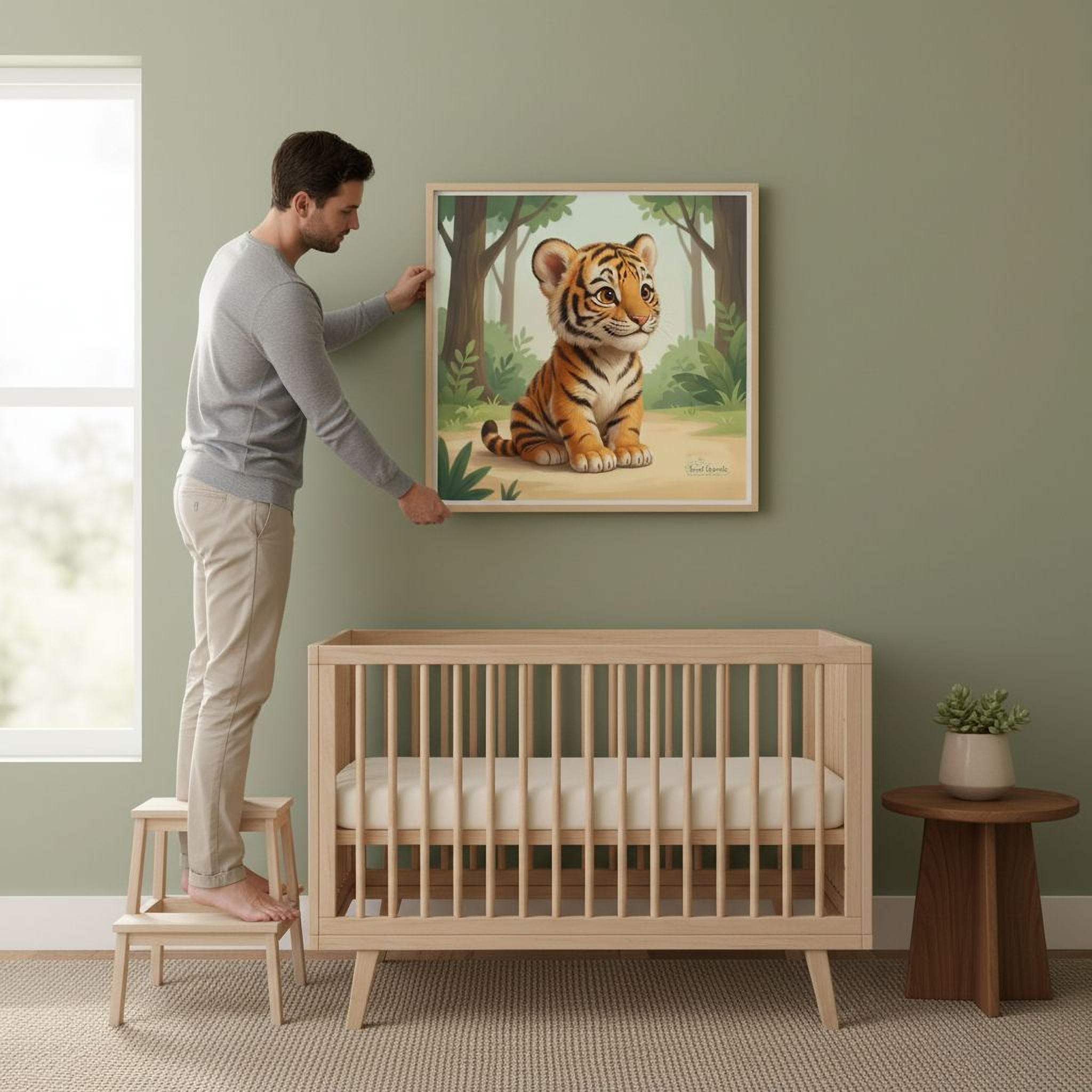A man is standing on a step stool and hanging a framed painting of a tiger on a green wall in a nursery.