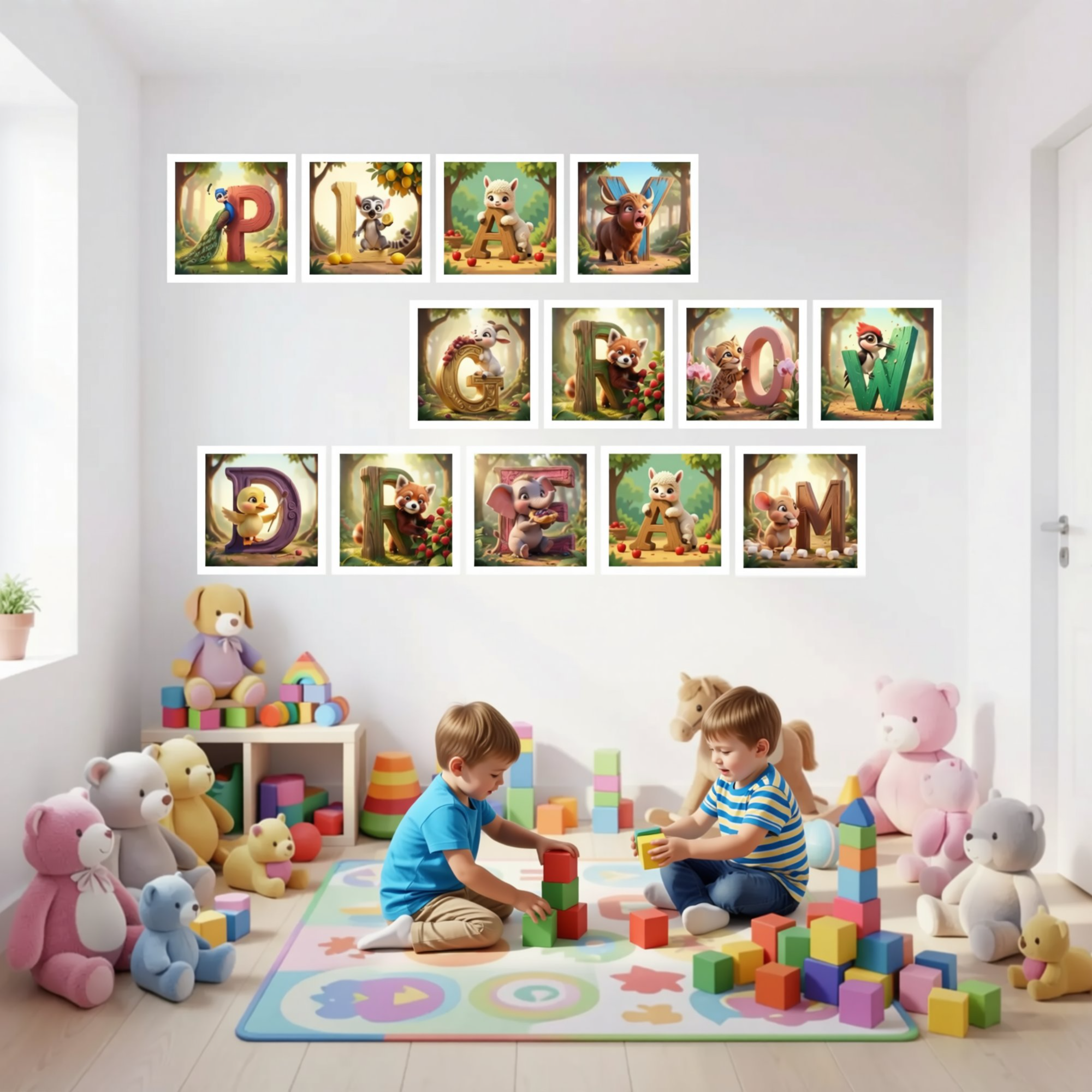 A colorful and playful children's room filled with toys, including stuffed animals, building blocks, and a rocking horse. The walls are decorated with various framed images depicting animals and characters, creating a vibrant and imaginative atmosphere.