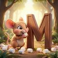 A cartoon mouse is sitting on the ground next to a large wooden letter 'M' made of wood, surrounded by white marshmallows.