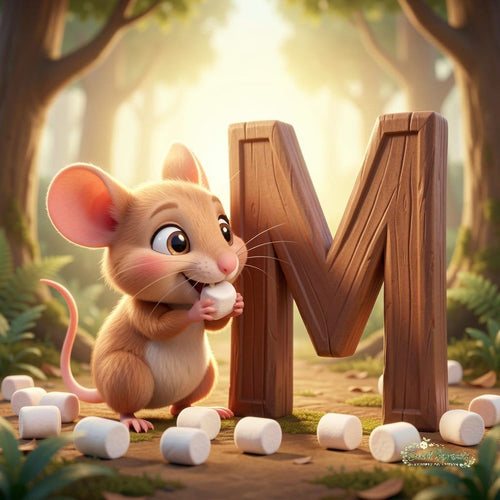 A cartoon mouse is sitting on the ground next to a large wooden letter 'M' made of wood, surrounded by white marshmallows.